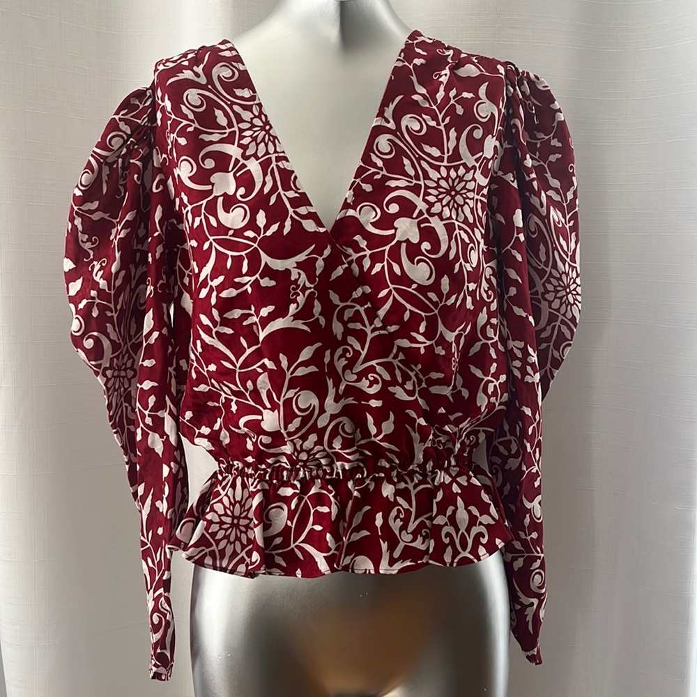 The Kooples Red and White Floral Print Puff-Sleeve Blouse - Picture 2 of 15